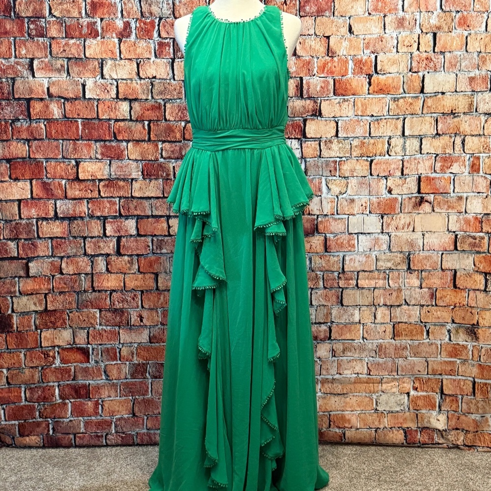 Badgley Mischka Emerald Green Pleated Column Gown – Size 8